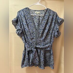 Max Studio Blue Floral Peplum Blouse Size S Ruffle Sleeve Tie Waist Boho Top